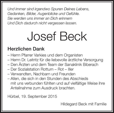 Traueranzeigen Von Josef Beck Schwaebische De Trauerportal