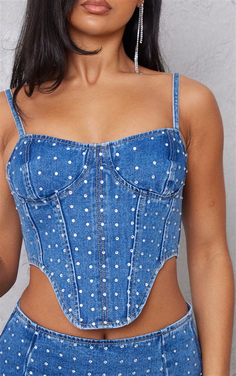 Mid Blue Wash Diamanté Detail Denim Corset Top Denim Prettylittlething Usa