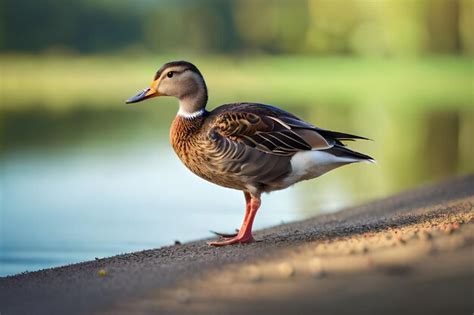 Un Pato Se Para En Una Repisa Frente A Un Lago Foto Premium