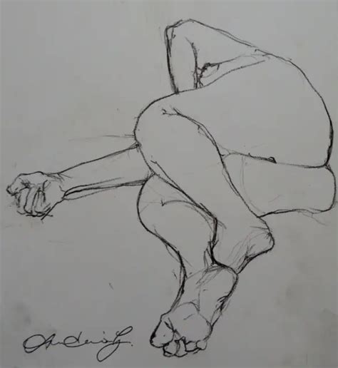 Original Chinagraph Pencil Female Nude Model Life Drawing In A Reclined