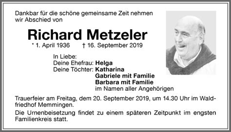 Traueranzeigen Von Richard Metzeler Allg Uer Zeitung