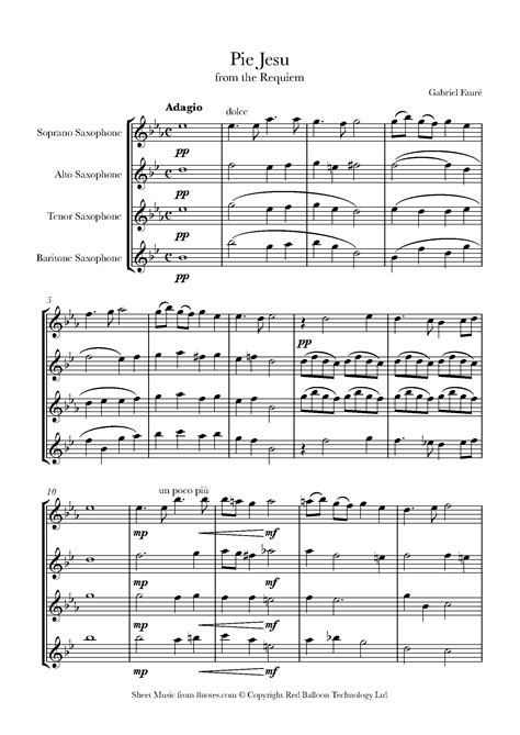 Fauré Pie Jesu from the Requiem Sheet music for Saxophone Quartet