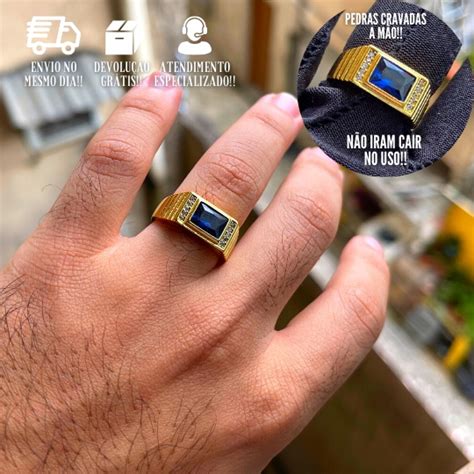 Anel Masculino De Ouro Pedra Azul Banhado A Ouro 24k Anel De Formatura