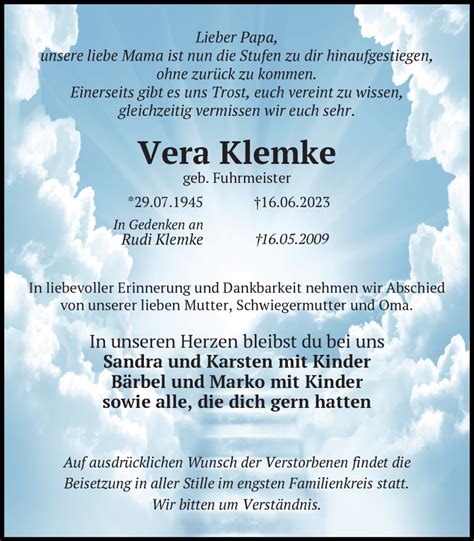 Traueranzeigen Von Vera Klemke Trauer Anzeigen De