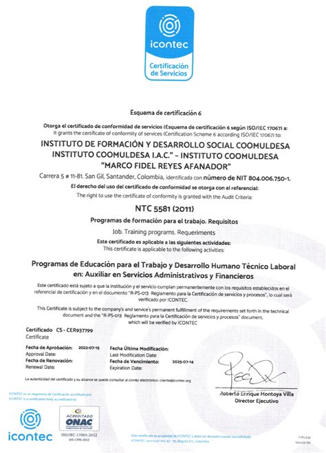 Certificaci N En Calidad Por Icontec Instituto Coomuldesa