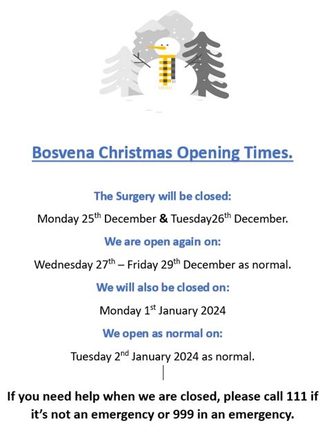 Christmas New Year Opening Times Bosvena Health