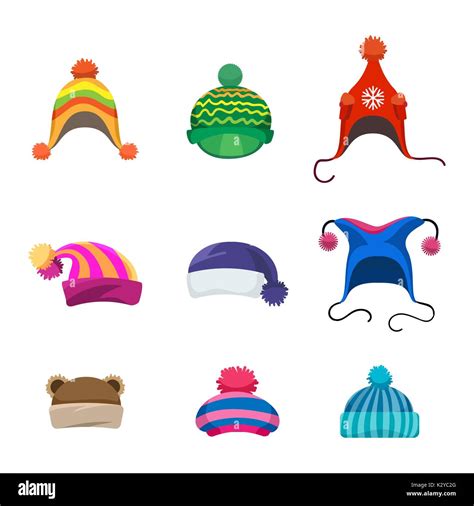 Pompons Winter Hats Set Isolated On White Background Vector Illustration Stock Vector Image