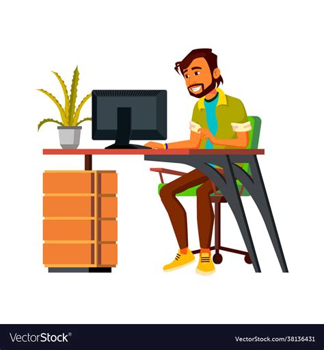 Cheerful man browsing on computer cartoon Vector Image