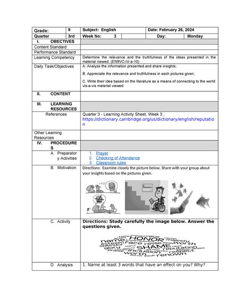 Dlp G9 Teaching Guide For Teachers Lesson Plan Grade 9 Subject English Date February 26