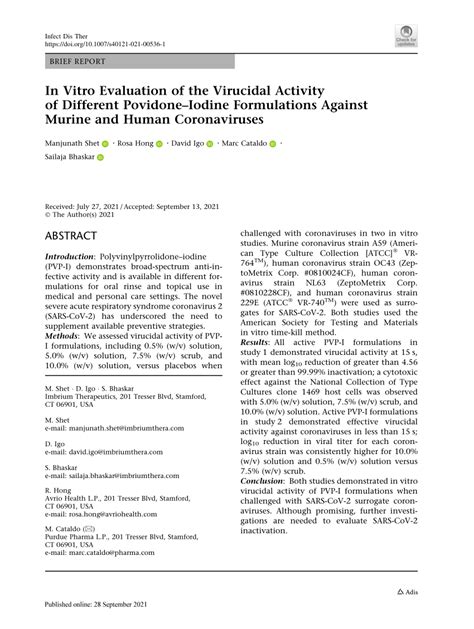 Pdf In Vitro Evaluation Of The Virucidal Activity Of Different Povidone Iodine Formulations