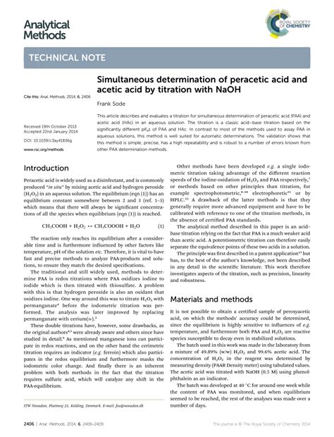 Pdf Simultaneous Determination Of Peracetic Acid And Acetic Acid By