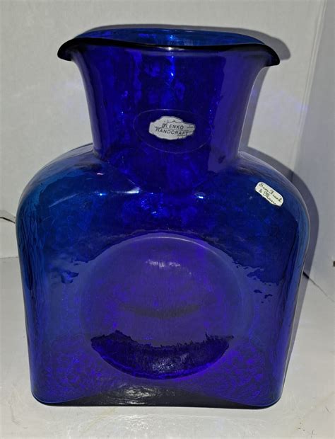 Vintage Blenko Cobalt Blue Glass Double Spout Water Bottle Jug Carafe