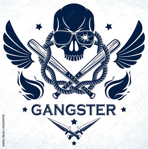 Gang Brutal Criminal Emblem Or Logo With Aggressive Skull Baseball Bats