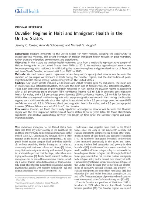 (PDF) Duvalier Regime in Haiti and Immigrant Health in the United States