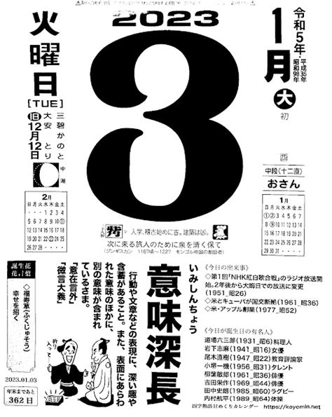 パイプにゅーす 原えつお四文字ひめくりカレンダー「令和5年1月3日（火）大安 初酉」「意味深長」旧暦12月12日