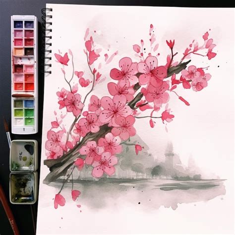 Premium Photo Painting Of A Cherry Blossom With Watercolors And A