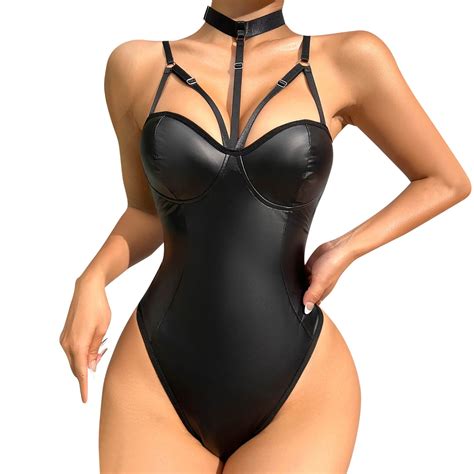 Women Lingerie Set With Stockings Pc Leather Teddy Bodysuit Cutout