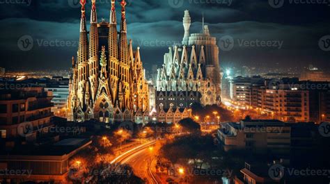 Night view of Sagrada Familia. Generative AI 32976322 Stock Photo at ...