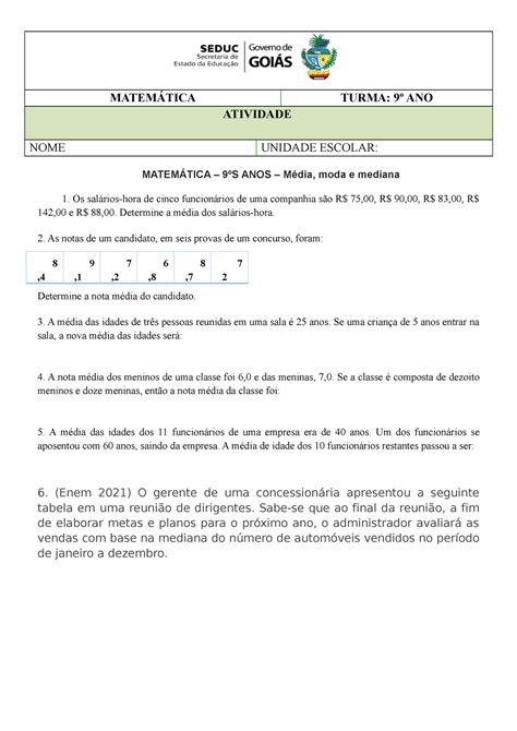 Atividade M Dia Moda E Mediana Matem Tica Turma Ano Atividade