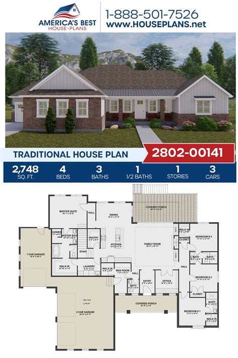 House Plan 2802 00141 Traditional Plan 2 748 Square Feet 4 Bedrooms 3 5 Bathrooms