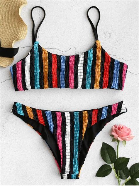 [37 Off] 2021 Zaful Colorful Striped Smocked Bikini Set In Multi Zaful