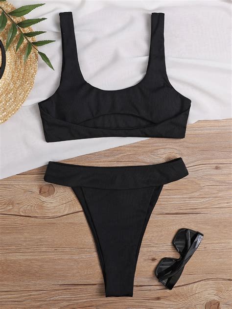 Set Bikini Mono A Costine Scavato Top Perizoma Con Taglio Alto