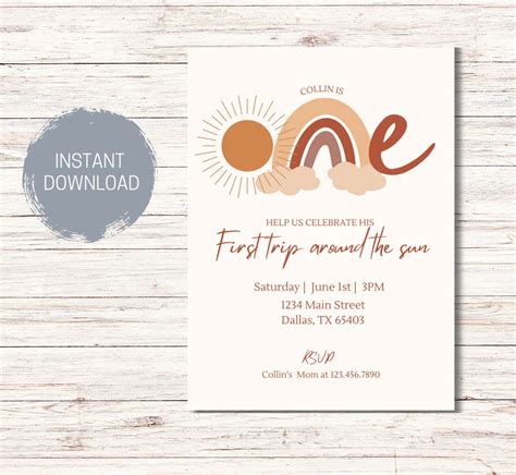 Boho First Trip Around The Sun Birthday Invitation Template Editable