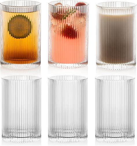 Polidream Vintage Ribbed Glassware Set 6pcs 16 9oz Xl Drinking Glasses Fluted