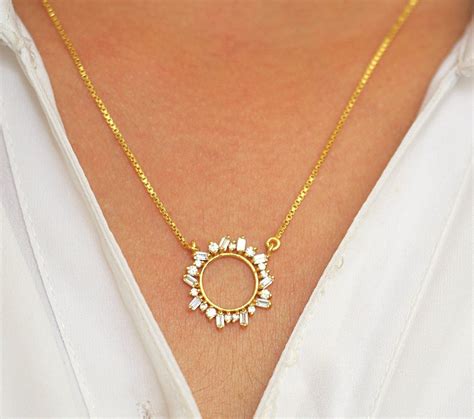 Circle Cz Necklace 14k Gold Necklace Baguette Stone Wedding Necklace