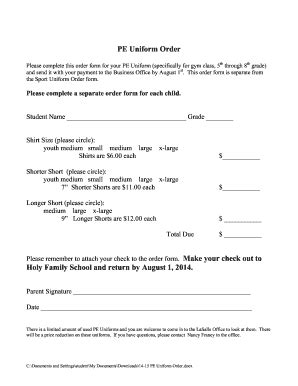 Fillable Online Pe Uniform Order Cr Cath Pvt K Ia Us Fax