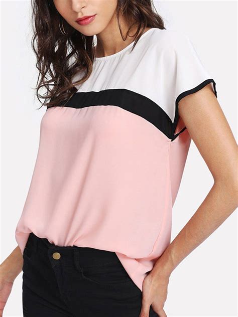 Summer Chiffon Women Round Neck Color Block Short Sleeve Blouses