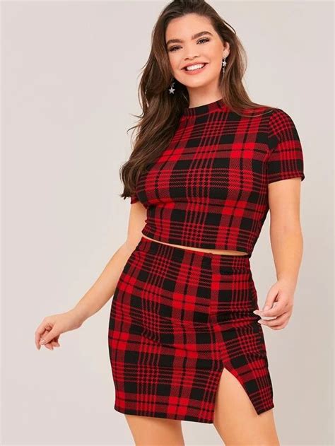 Shein Plus Mock Neck Plaid Top Split Hem Skirt Set Split Hem Skirt