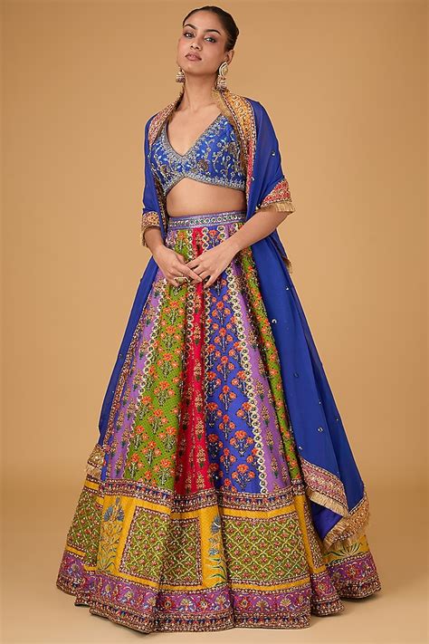 Multi Colored Dupion Hand Embroidered Kalidar Wedding Lehenga Set By