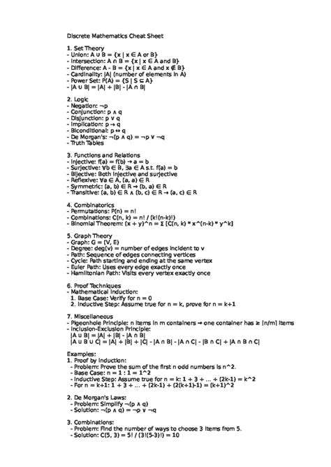 Discrete Math Cheat Sheet Compact Discrete Mathematics Cheat Sheet