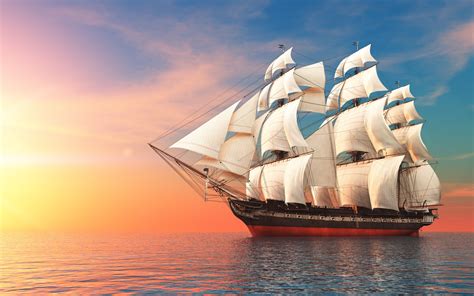 Online Crop Black And White Schooner Boat Sailing Ship Sea Sunset