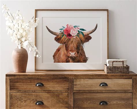 Highland Cow Print Floral Cow Wall Art Boho Bedroom Decor Etsy