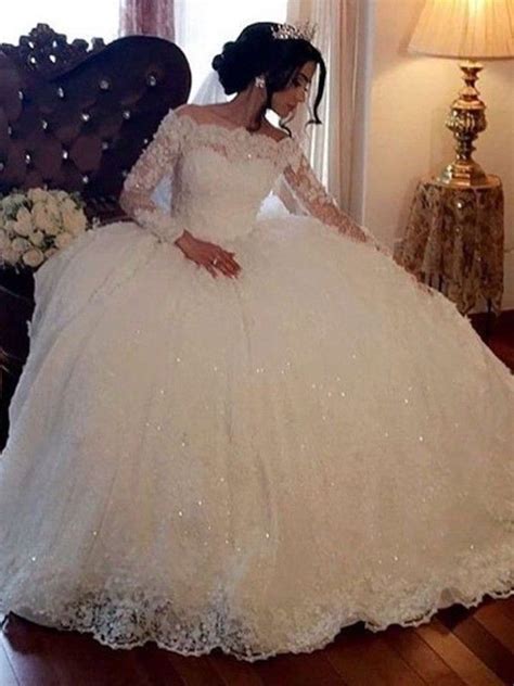 Ball Gown Bateau Long Sleeves Floor Length Lace Lace Bridal Gown