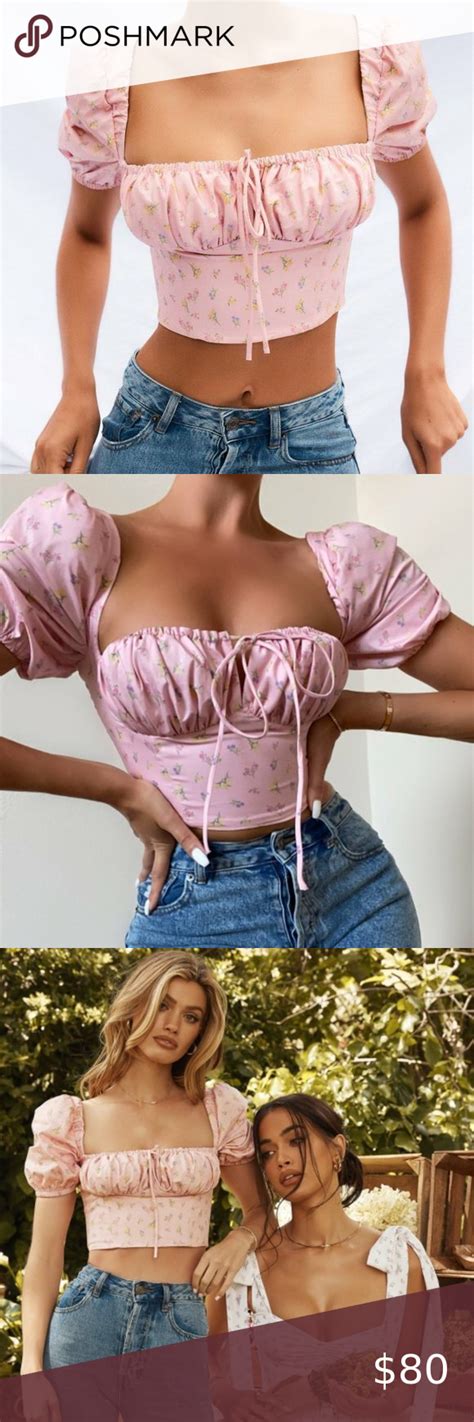 House Of Cb Arianna Pink Floral Puff Sleeve Cropped Top Puff Sleeve