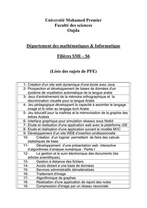 Universit Mohamed Premier Facult Des Sciences Oujda