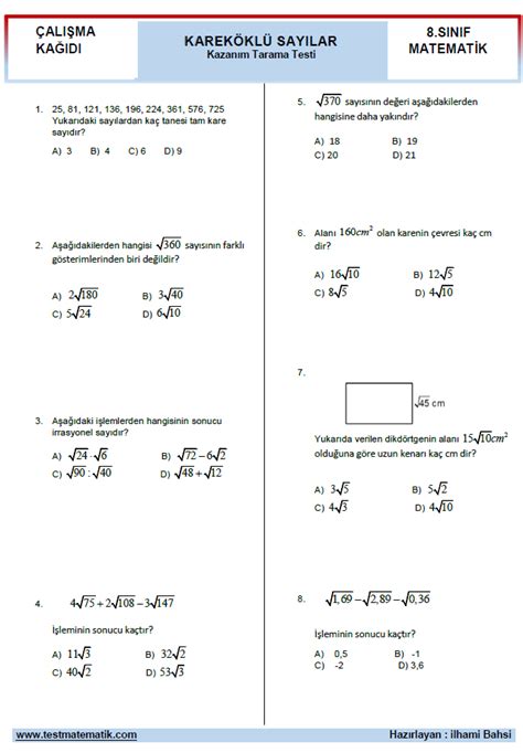 Karek Kl Sayilar Kazanim Tarama Test Test Matematik