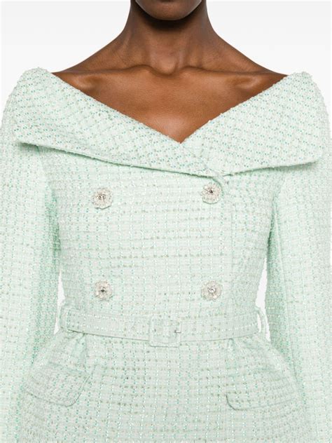 Self Portrait Double Breasted Tweed Midi Dress Green FARFETCH