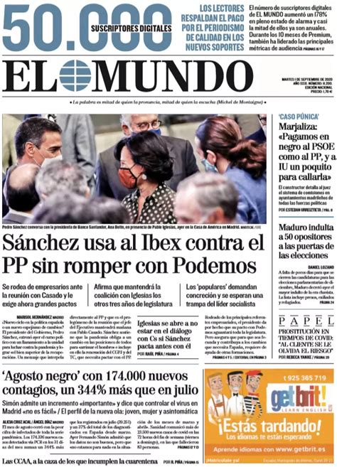 HIGHLIGHTS Cover Of EL MUNDO For Tuesday September 1 2020 Teller