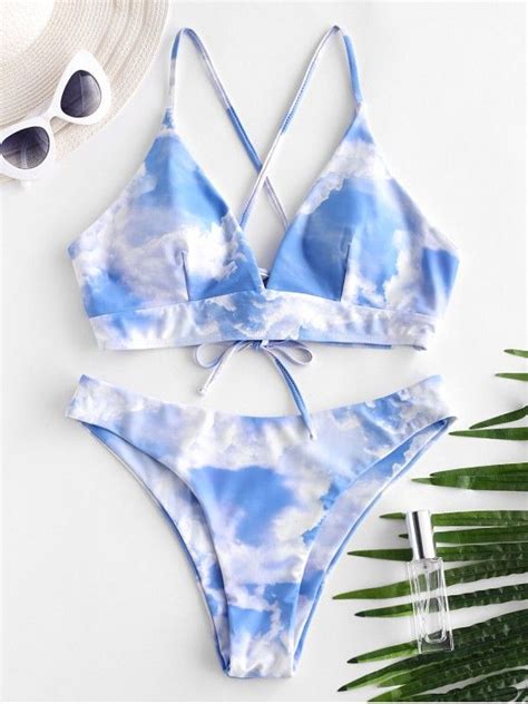 24 OFF 2021 ZAFUL Sky Print Lace Up Padded Bikini Swimsuit In MULTI