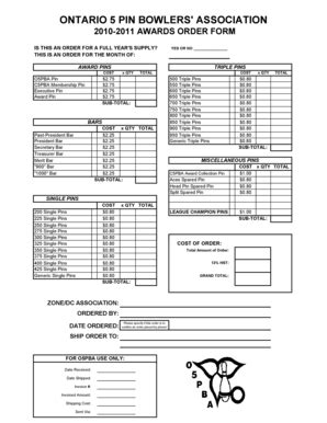 Fillable Online 10 11 Awards Order Form Ontario 5 Pin Bowlers