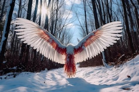 Premium AI Image | A white bird with red wings is flying in the snow.