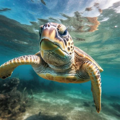 Premium Photo Portrait Of A Happy Sea Turtle Swimming Underwater