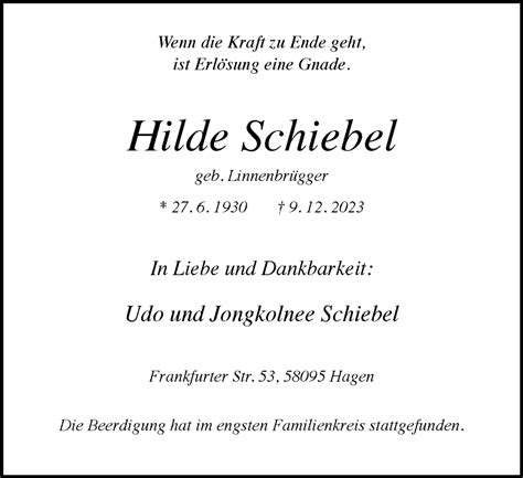 Traueranzeigen Von Hilde Schiebel Trauer In NRW De