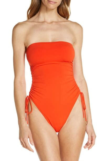 Robin Piccone Aubrey Strapless Cinched One Piece Swimsuit In Persimmon Modesens