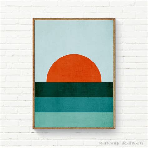 Minimalist Sunset Wall Art Abstract Landscape Teal Orange Mid Century