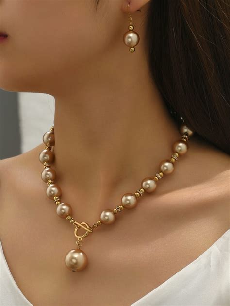 Faux Pearl Decor Necklace Drop Earrings SHEIN USA